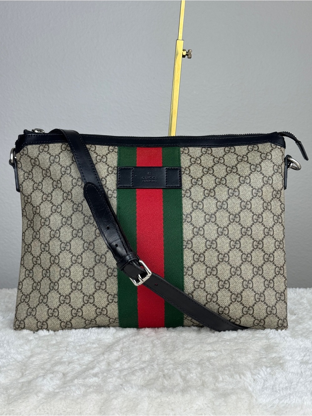 Gucci Beige GG Supreme Crossbody with Red & Green Web Stripe and Black Trim